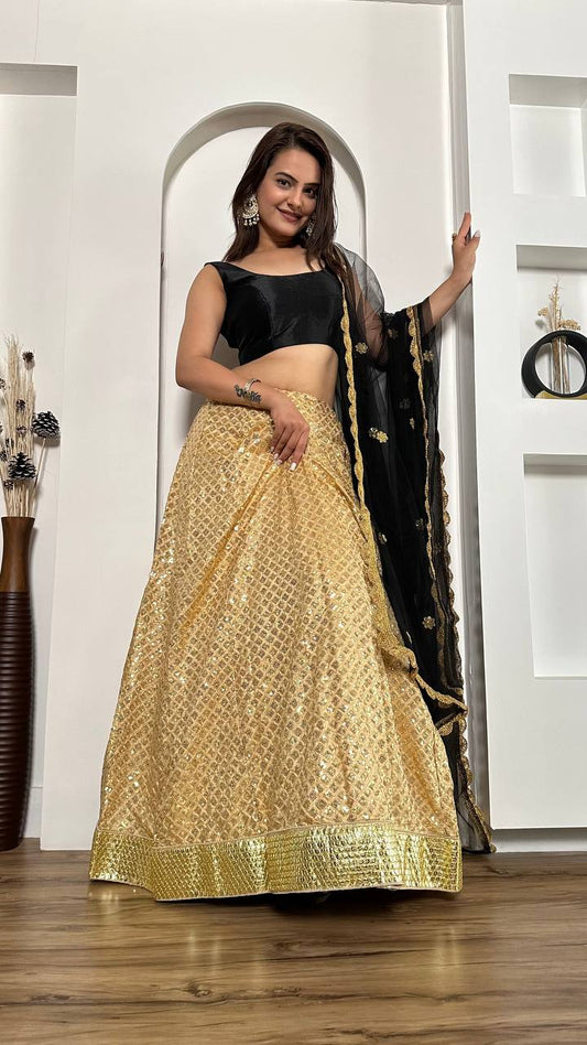 Sequins work silk beige color lehenga choli for women