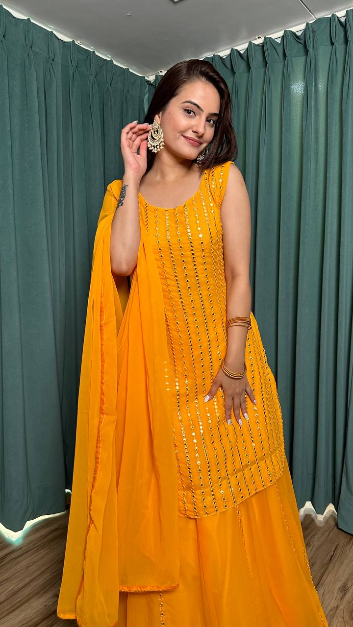 Yellow color top with lehenga and dupatta