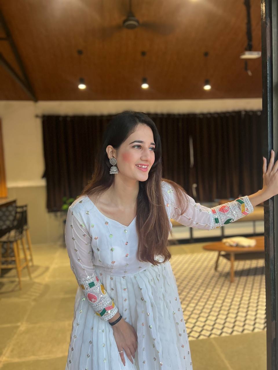 White color georgette sequins work long gown online