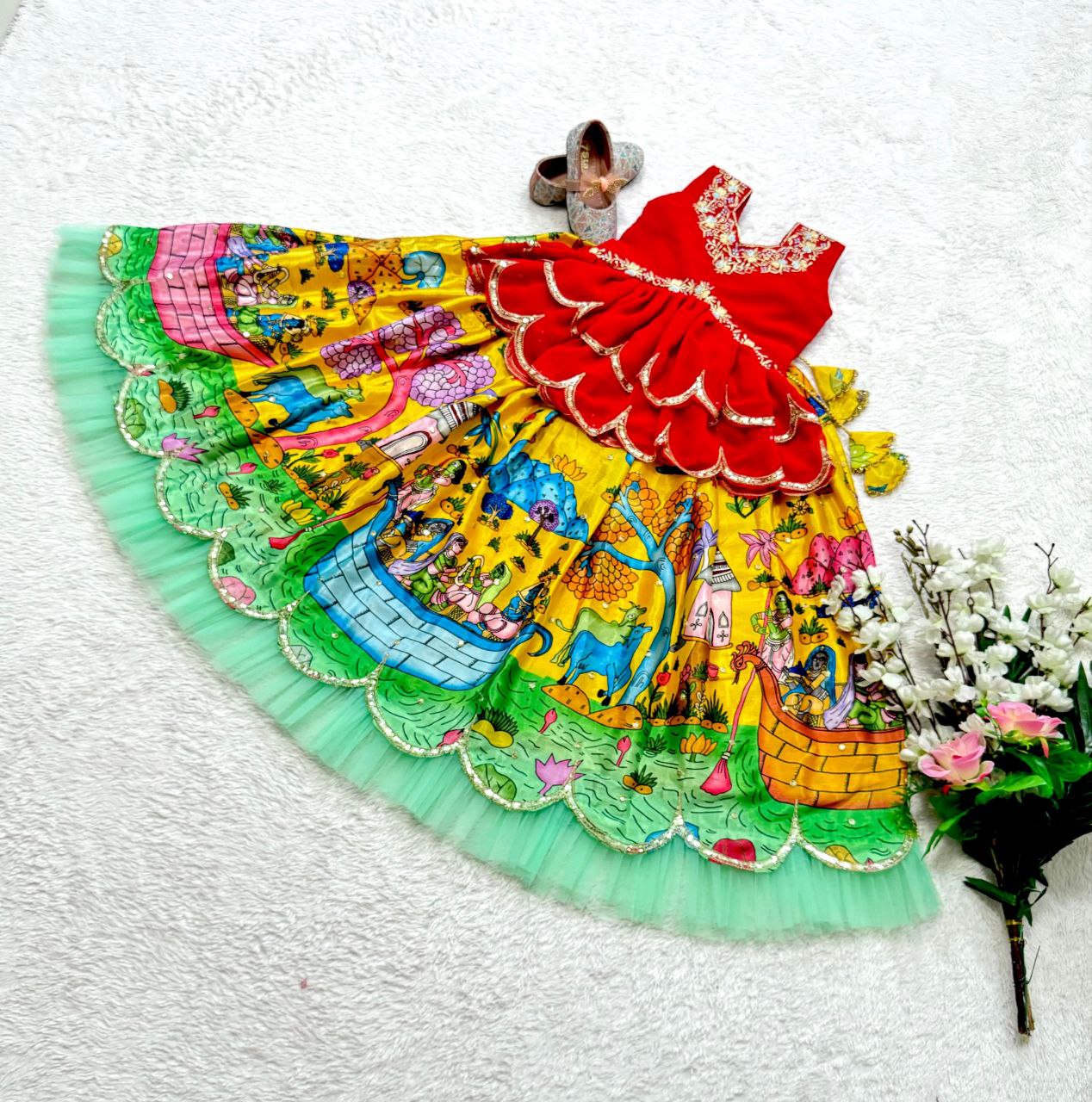 Yellow colors silk printed lehenga with top