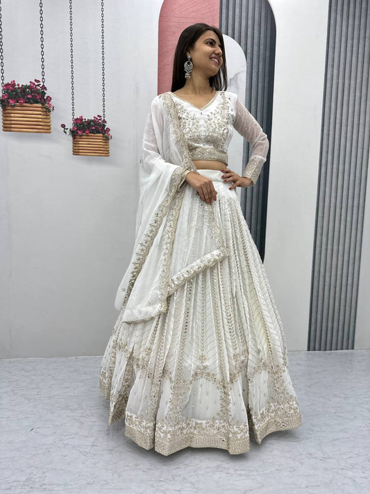 White Color Georgette Sequins Work Lehenga Choli For Engagement