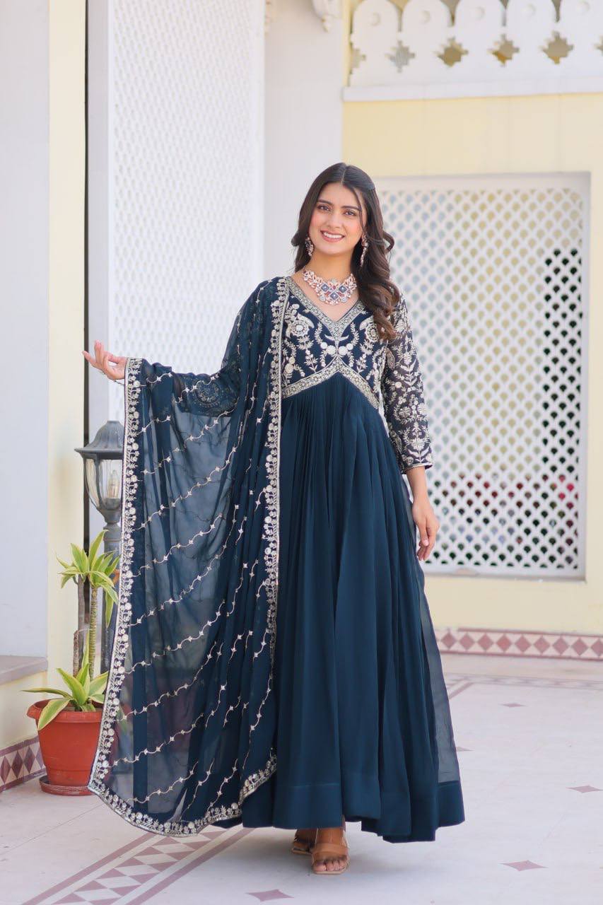 Traditional Rama Color Georgette Sequins Work Party Anarkali Gown
