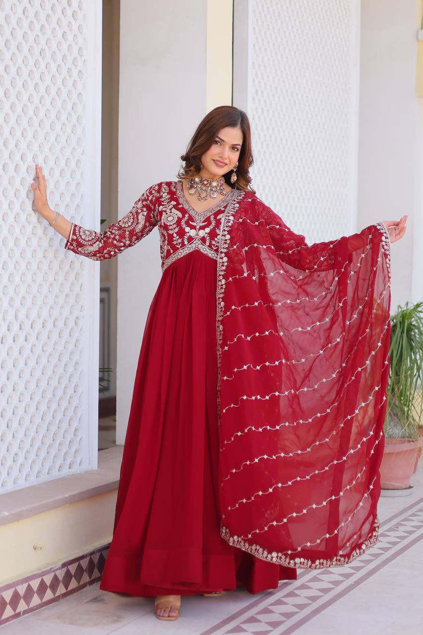 Maroon color georgette gown with dupatta