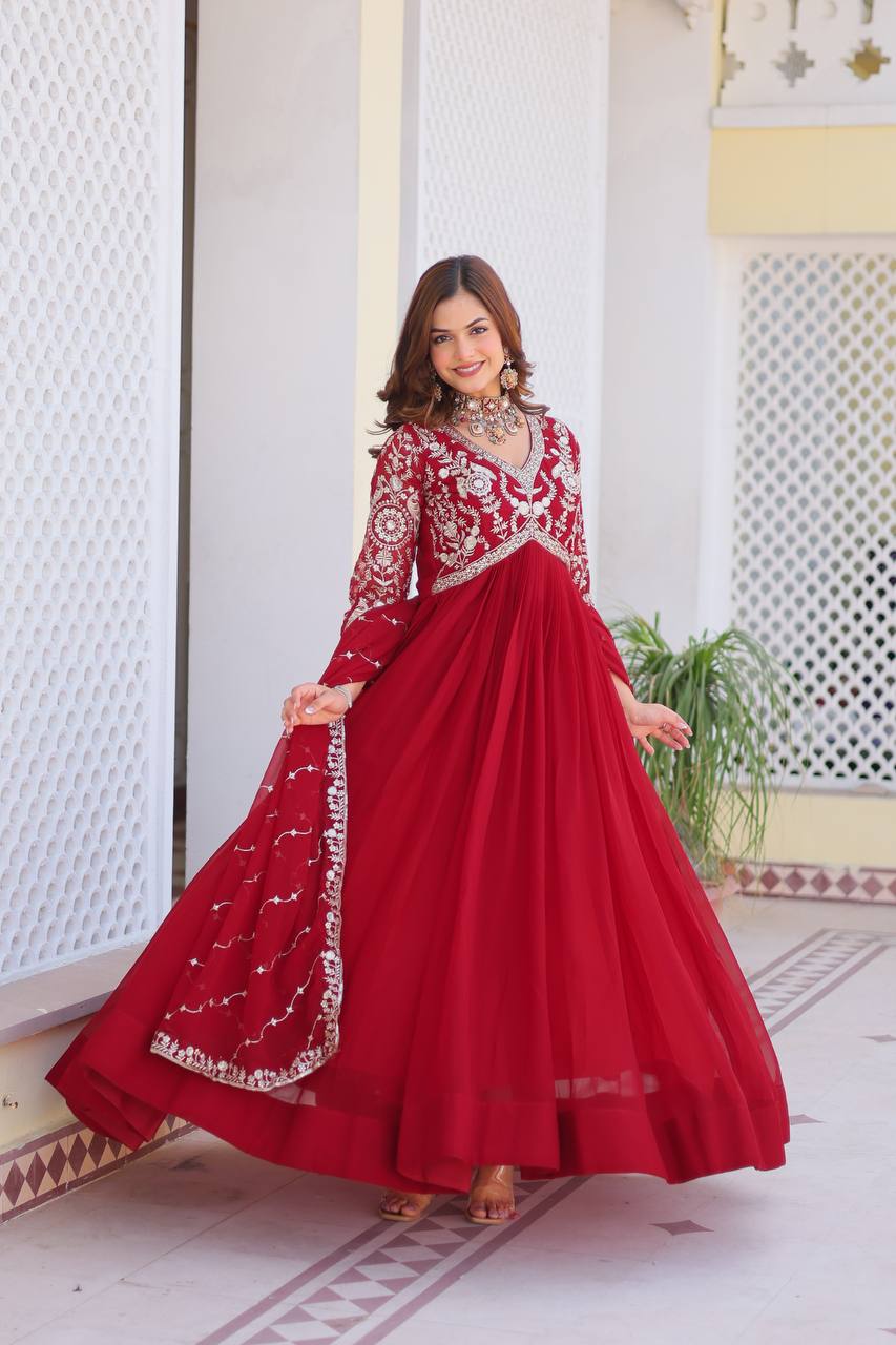 Maroon color georgette gown with dupatta online shopping