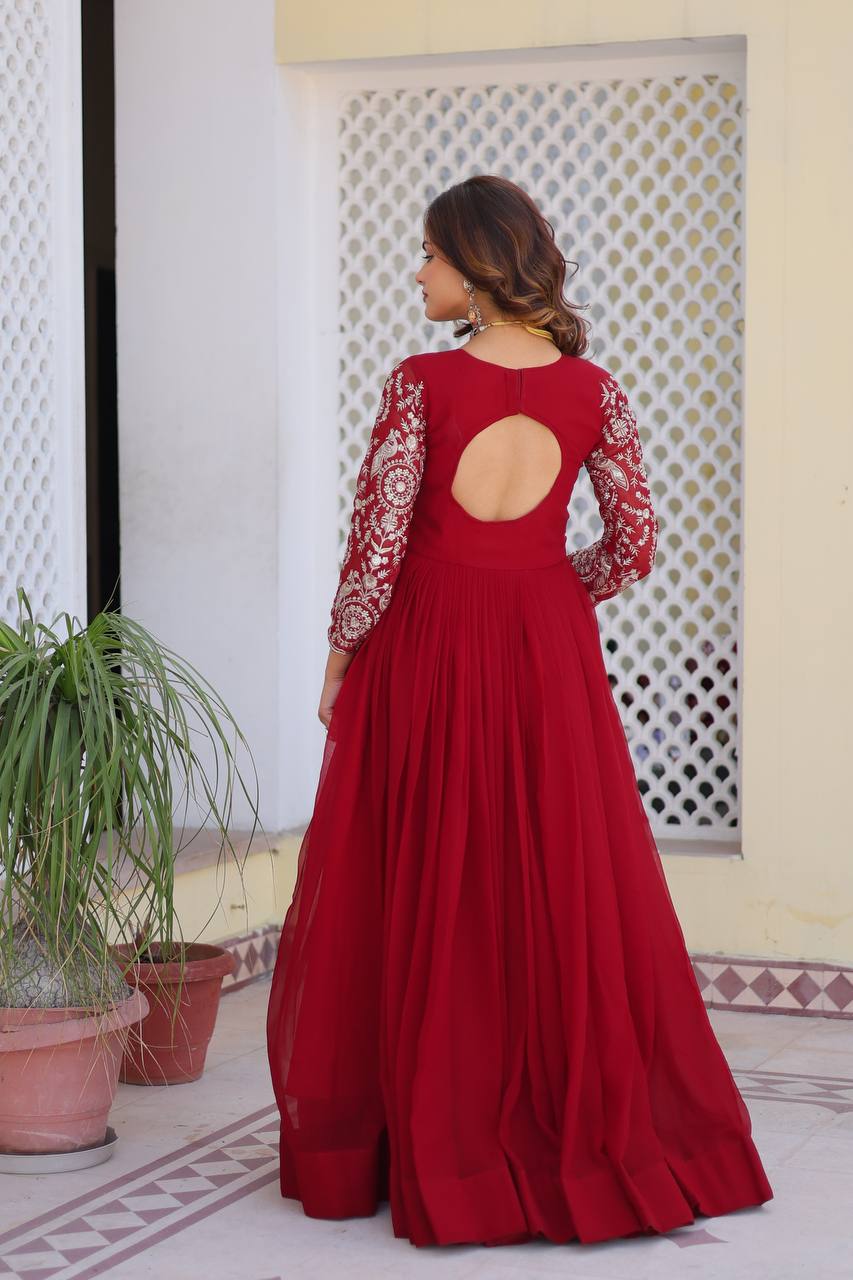 Fancy Maroon color georgette gown for party