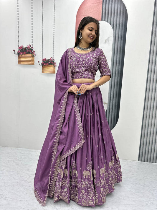 Purple color chinon embroidery work lehenga choli for women