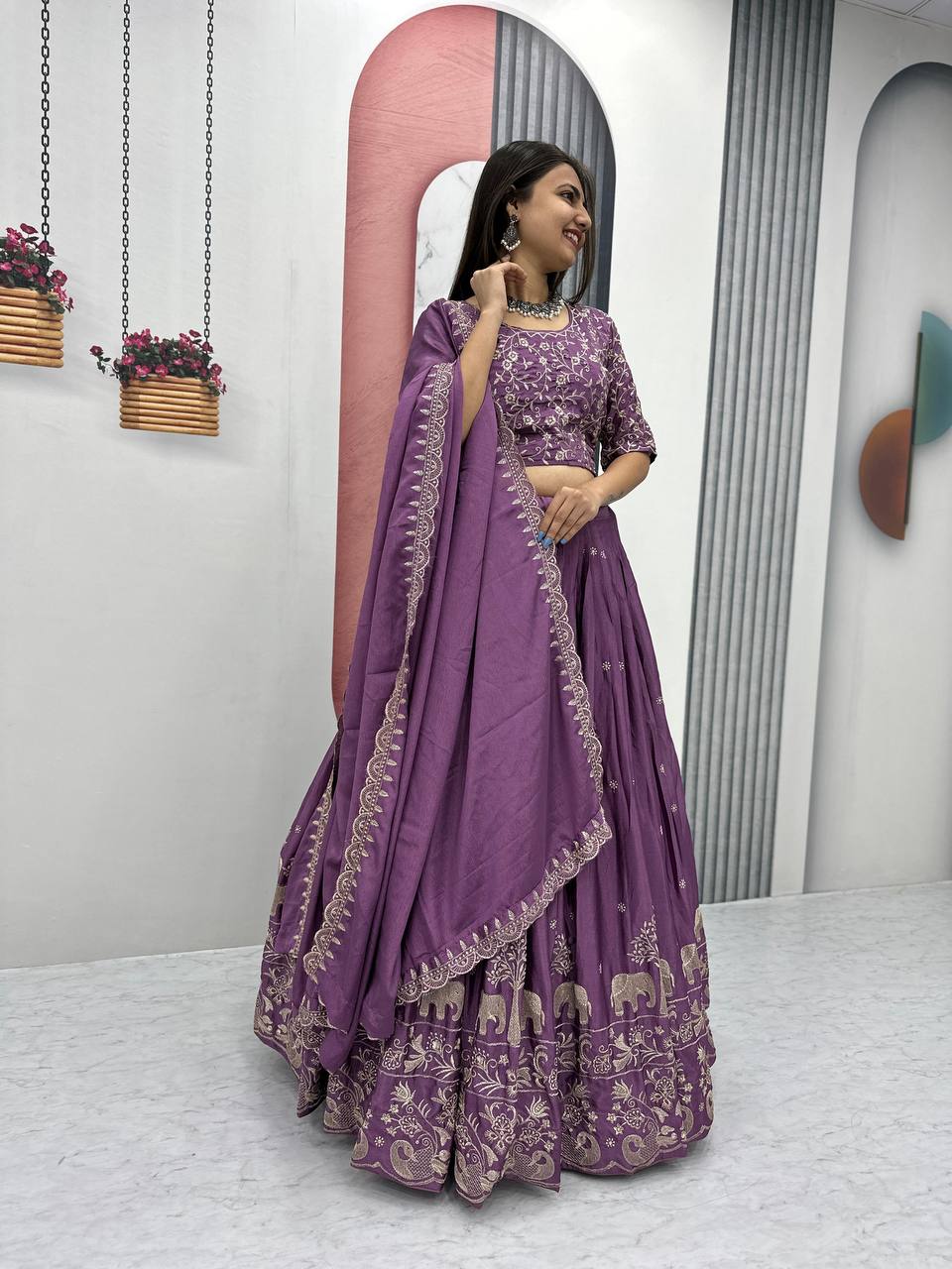 Purple color chinon embroidery work lehenga choli online
