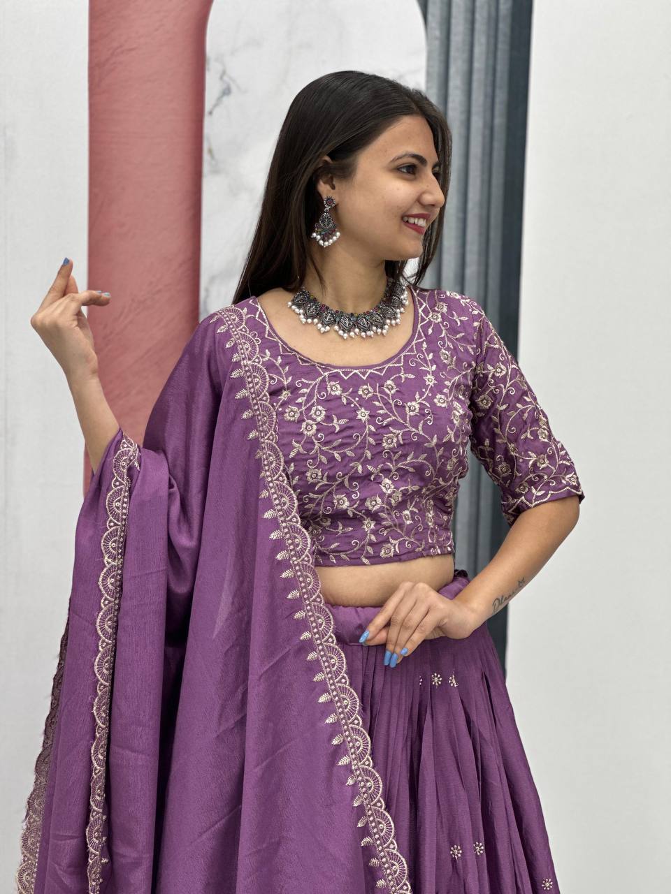 Purple color chinon embroidery work lehenga choli with dupatta