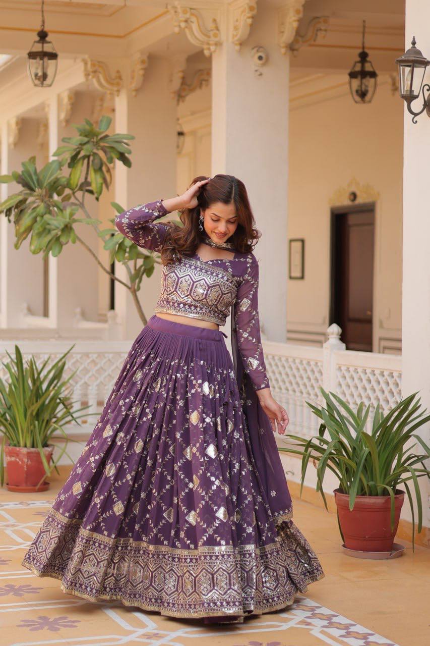 Purple Georgette sequins work lehenga choli with dupatta