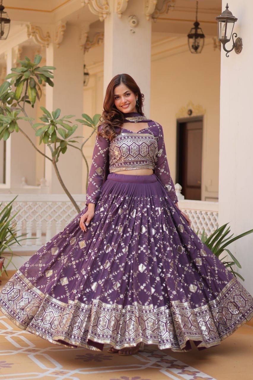 Purple Georgette sequins work lehenga choli for wedding price