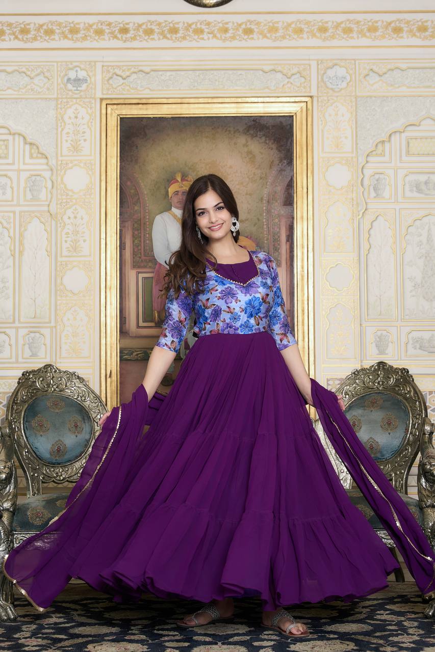 Purple color wedding wear georgtte gown