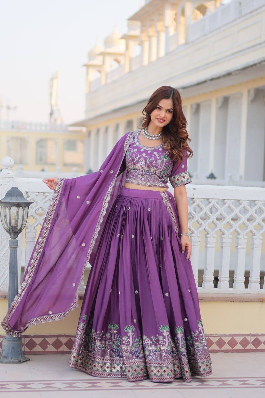 Purple color Chinon sequins work lehenga choli for wedding