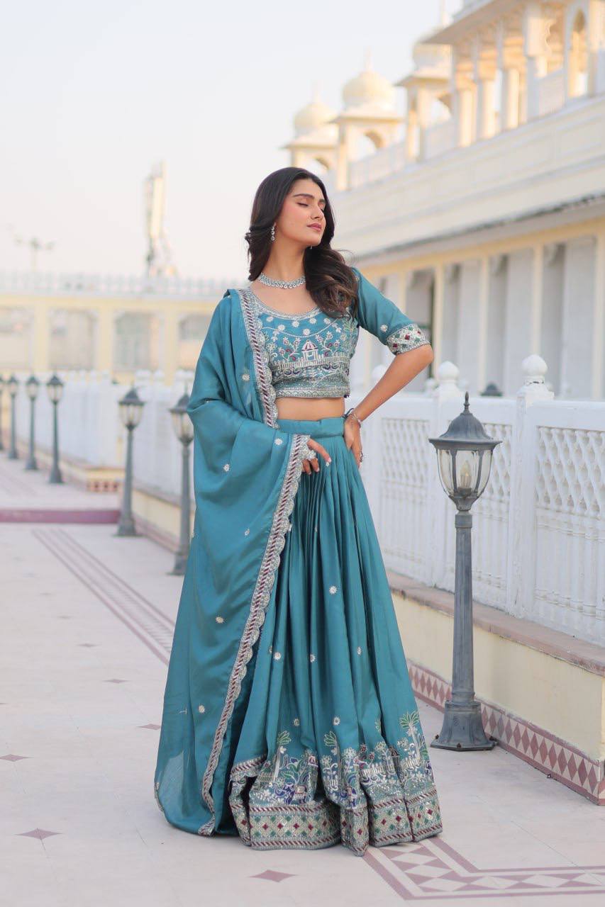 Teal green embroidery work lehenga choli with dupatta