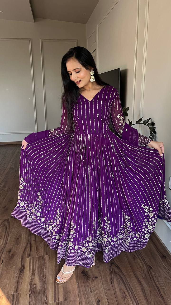 Long sleeve purple georgette gown for women