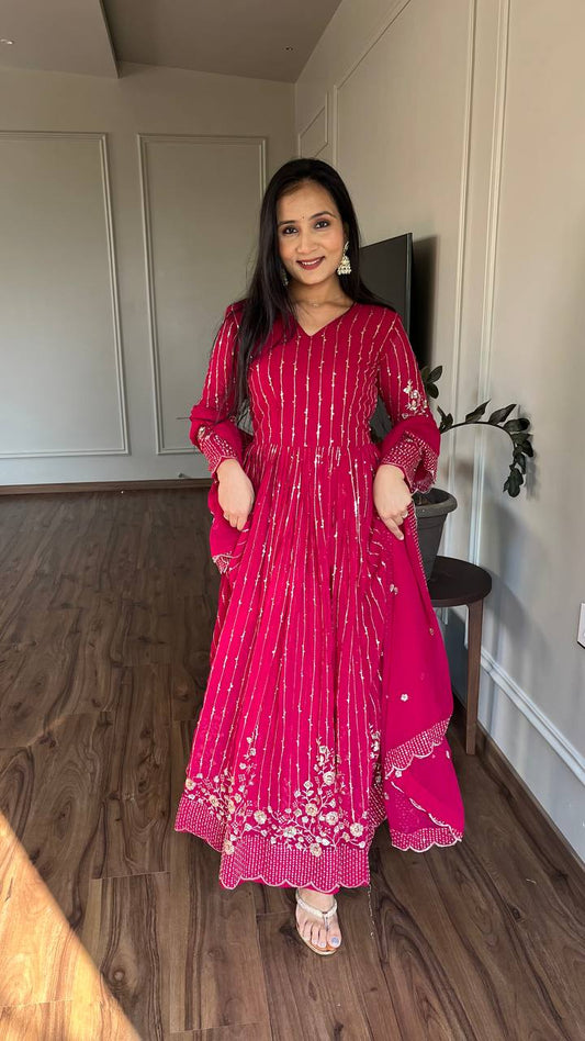 Long sleeve pink georgette long gown for women