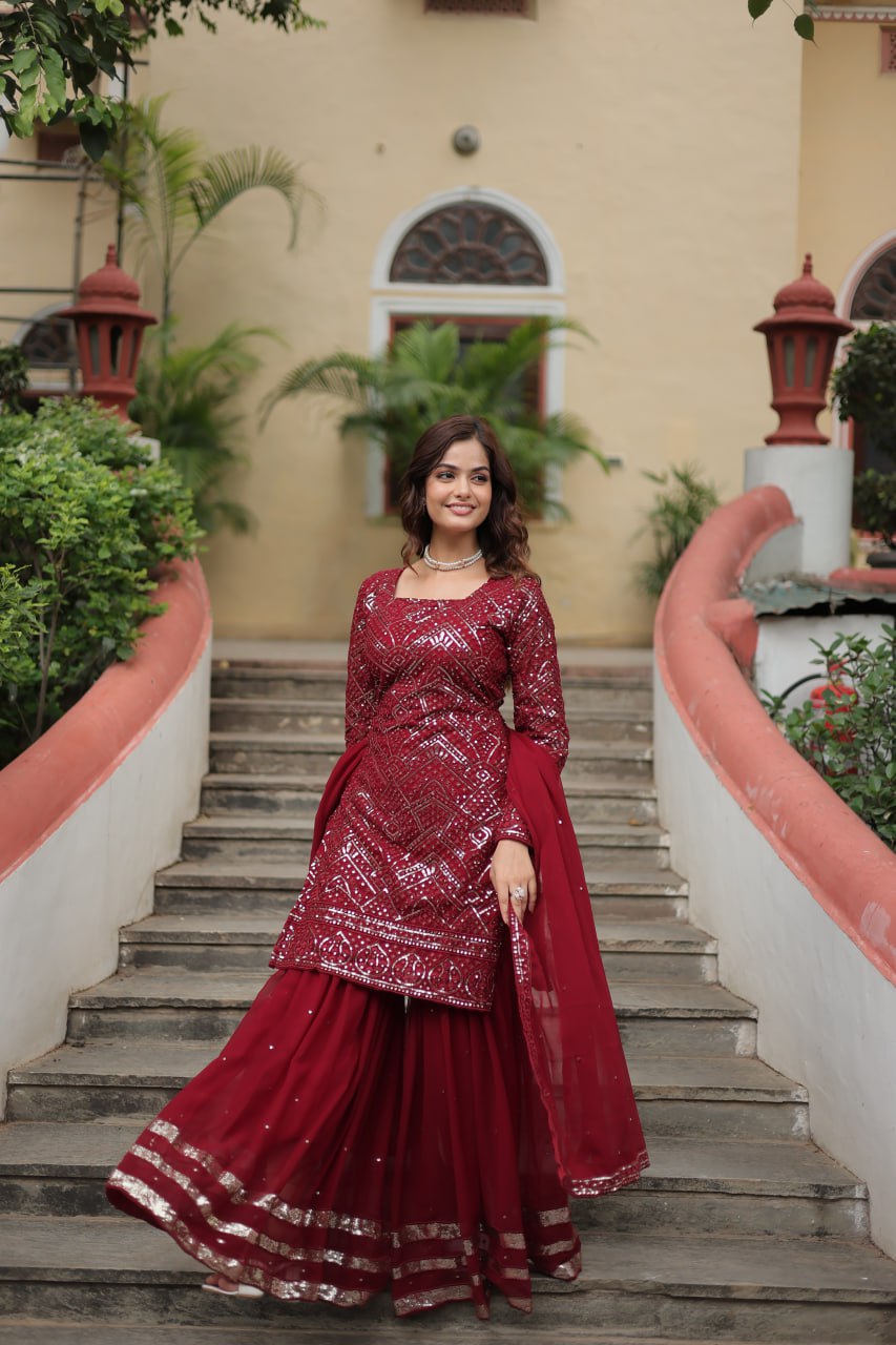 Maroon georgette sharara suit for wedding