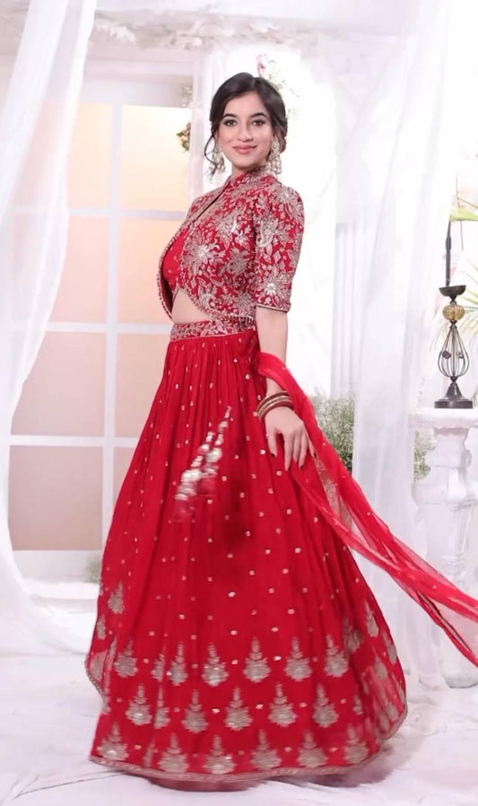Red color chinon sequins work lehenga choli with jacket online