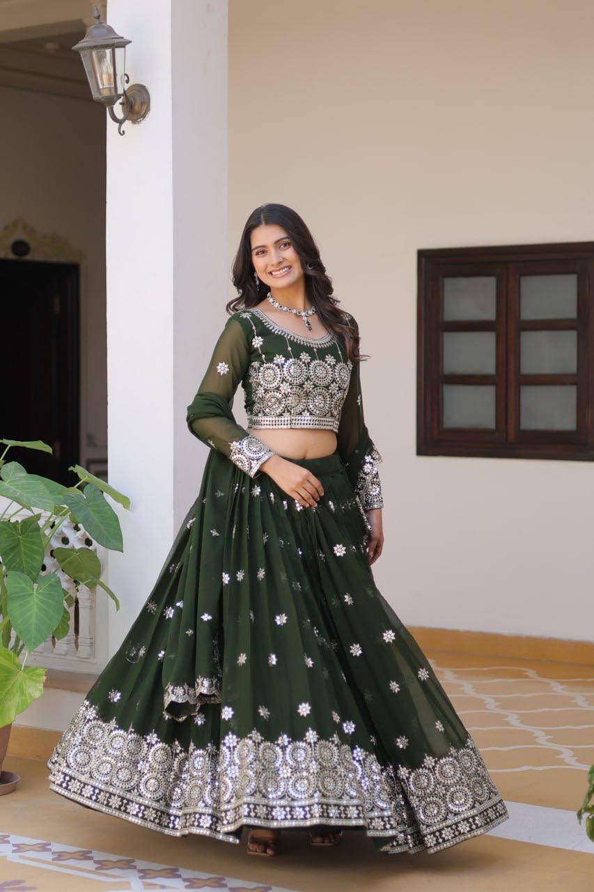 Dark green georgette lehenga choli for wedding