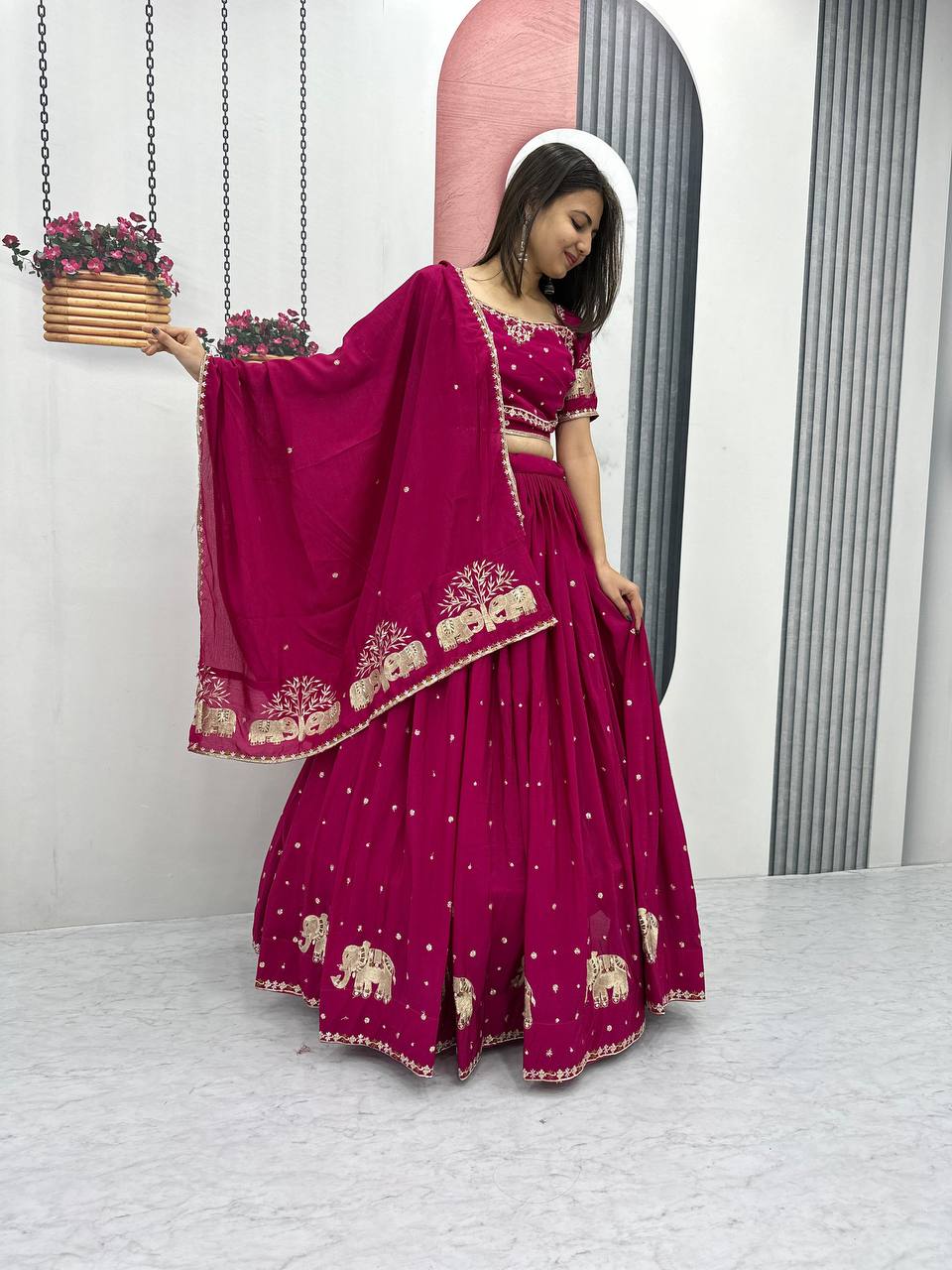 Pink color chinon lehenga choli images