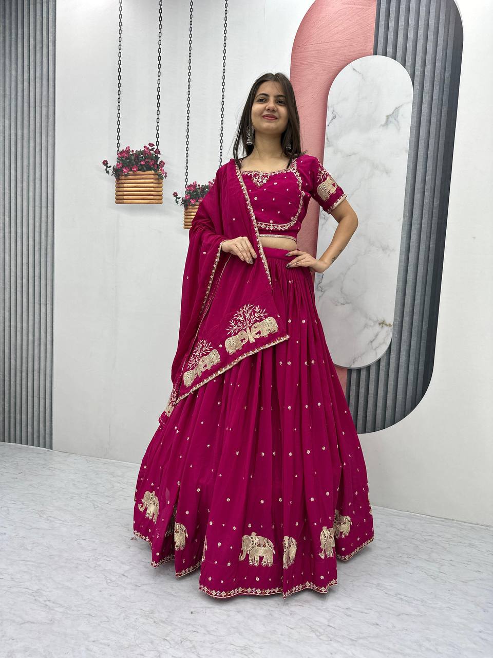 Pink color chinon readymade lehenga choli for women