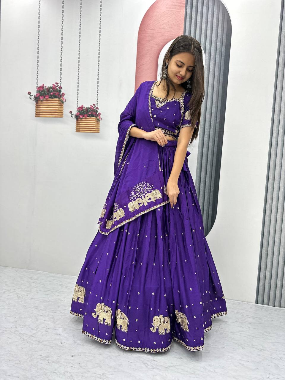 Purple color chinon lehenga choli images