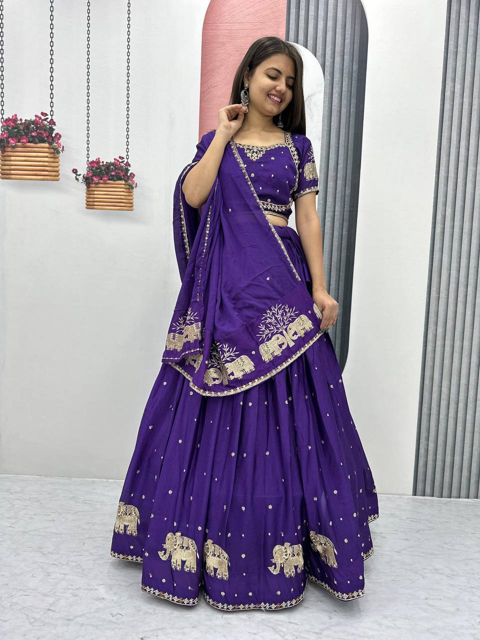 Purple color chinon lehenga choli for wedding