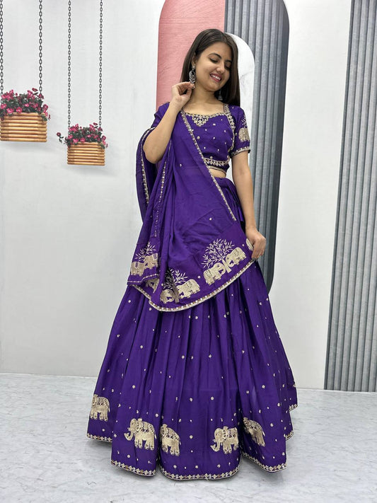 Purple color chinon lehenga choli for wedding