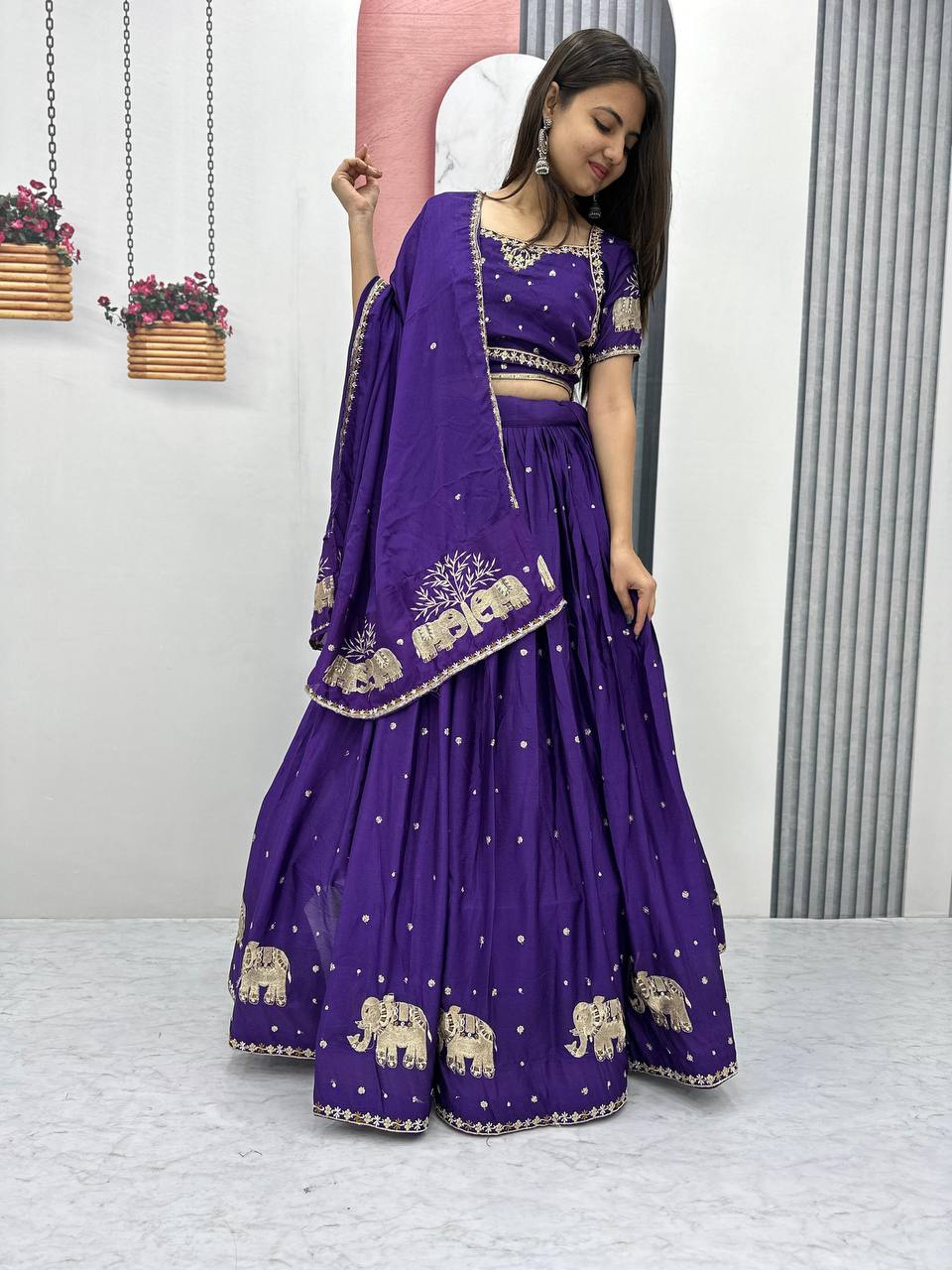 Purple color chinon lehenga choli price