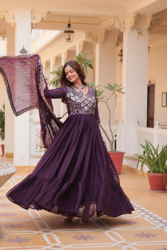 Long sleeve purple georgette gown for women