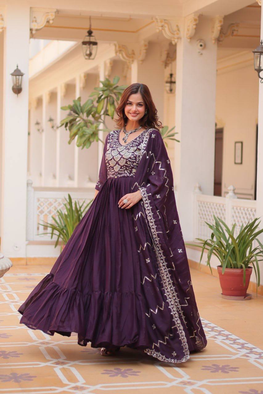 Long purple georgette gown for wedding