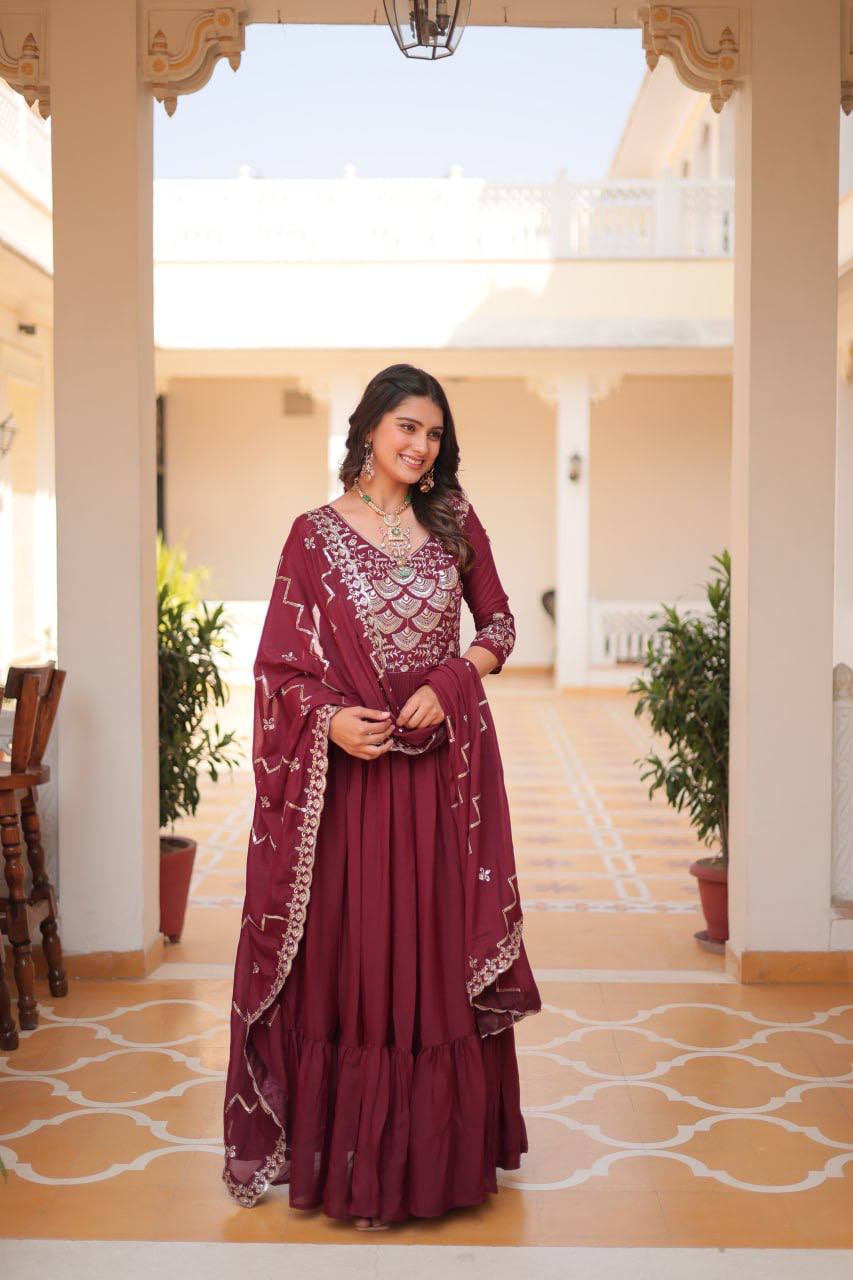 Long sleeve maroon georgette gown for women