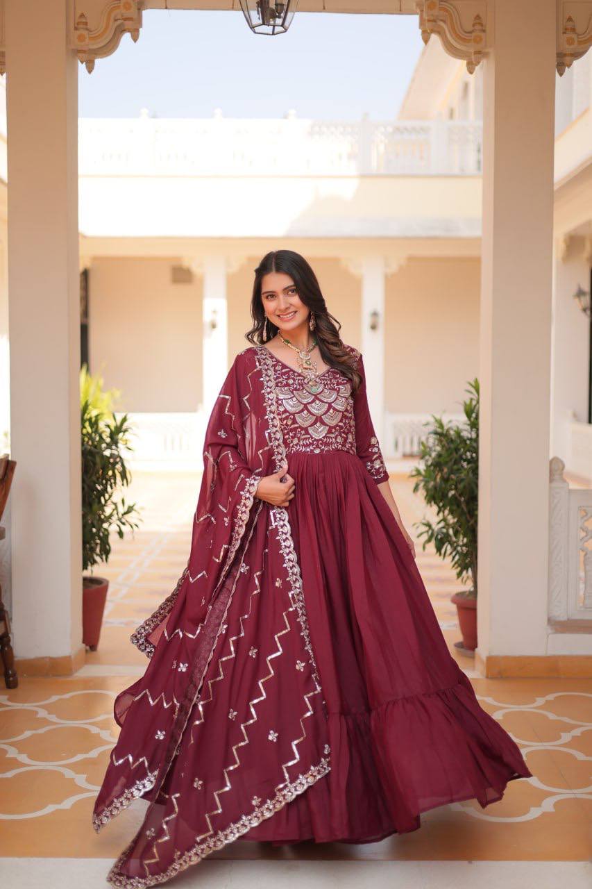 Long maroon georgette gown for women