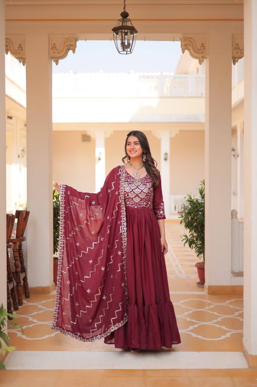 Maroon georgette gown for wedding