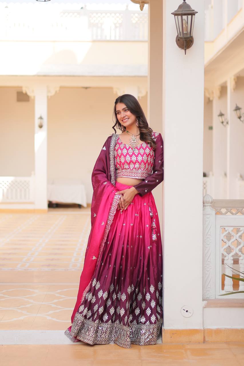 Pink color peding chinon sequins work lehenga choli images