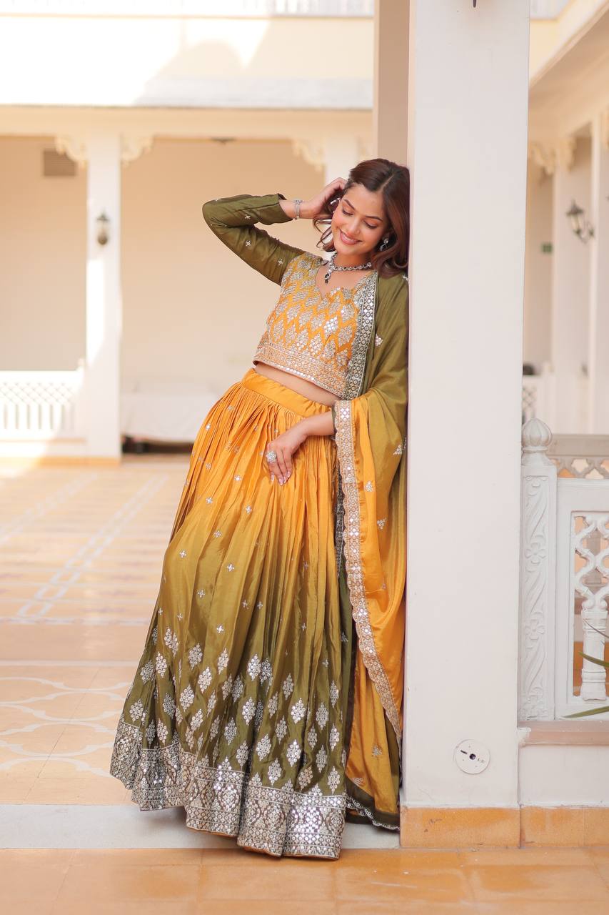 Yellow color peding chinon sequins work lehenga choli for women