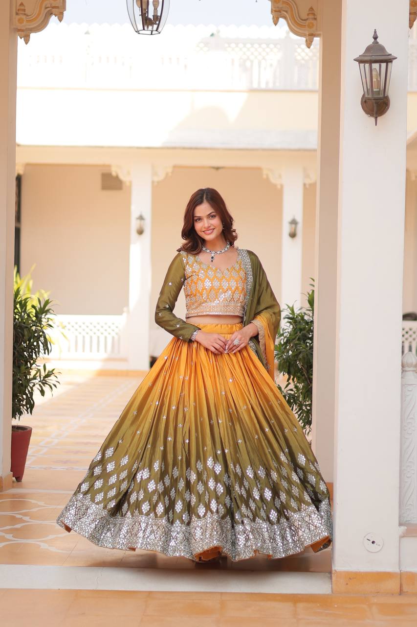 Yellow color peding chinon sequins work lehenga choli with dupatta