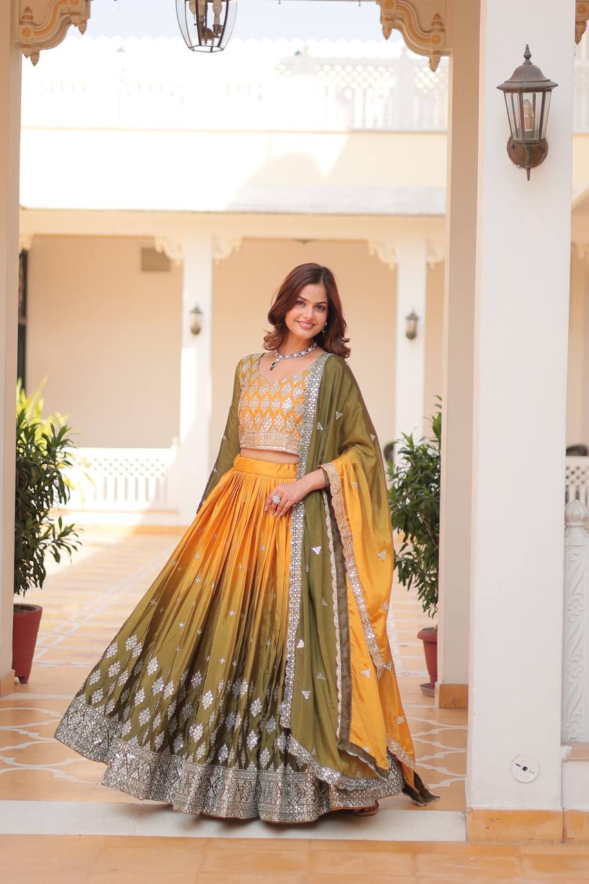 Yellow color peding chinon sequins work lehenga choli price