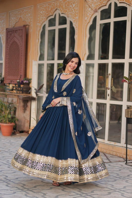 Teal Blue color faux blooming anarkali gown for wedding