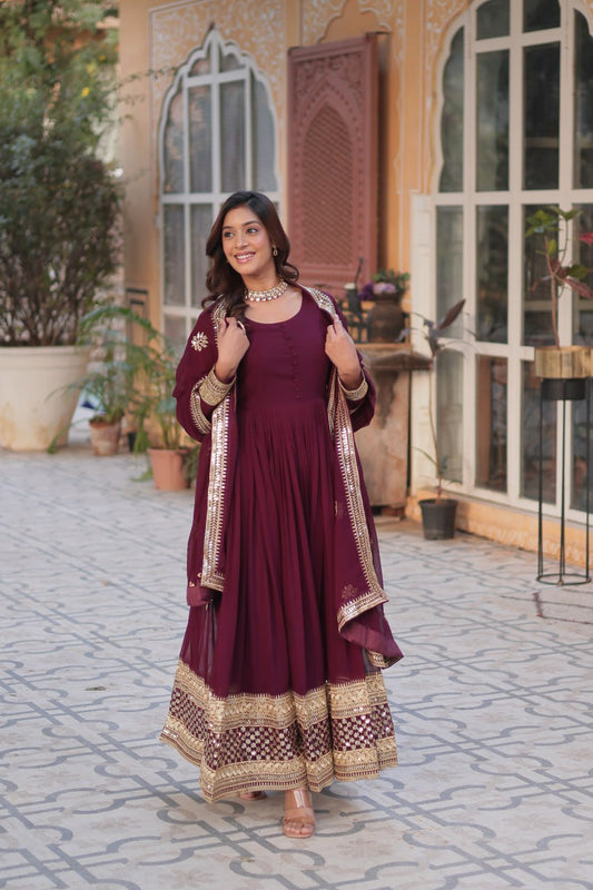 Maroon color faux blooming long gown for women