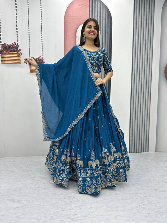 Teal blue color chinon lehenga choli for wedding