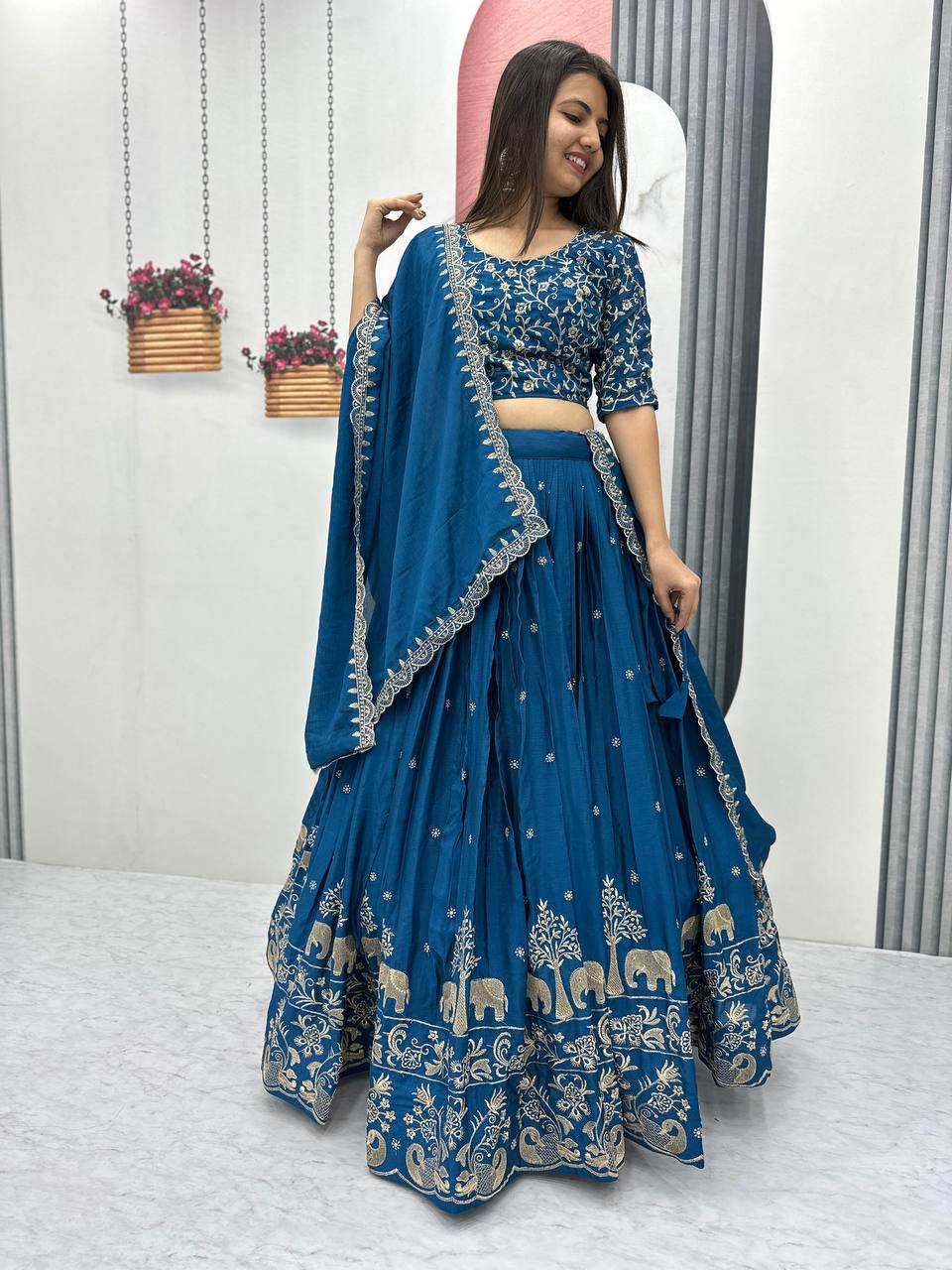 Teal blue color chinon lehenga choli online