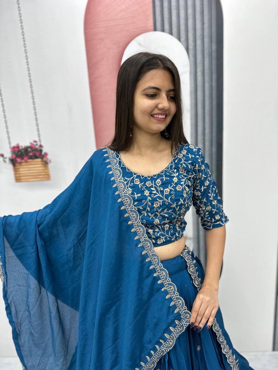 Teal blue color chinon lehenga choli images