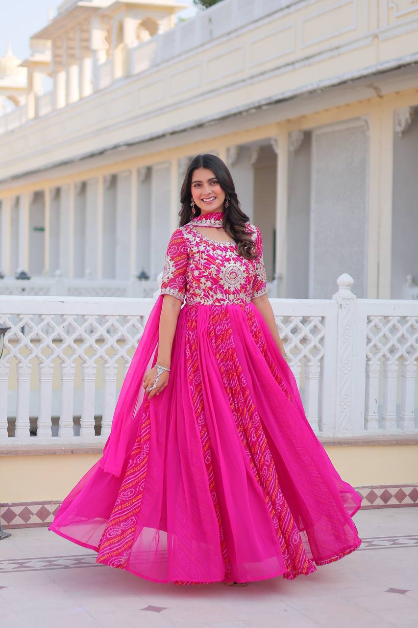 Pink color Bandhej georgette anarkali long gown images
