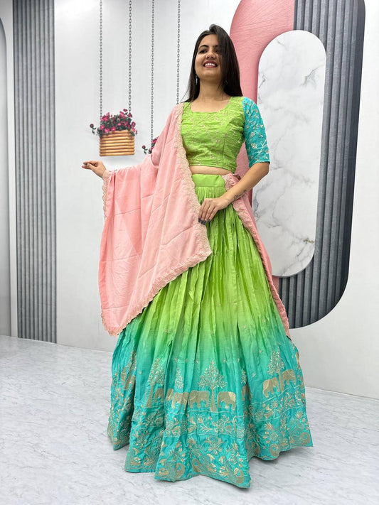 Green color chinon lehenga choli for wedding
