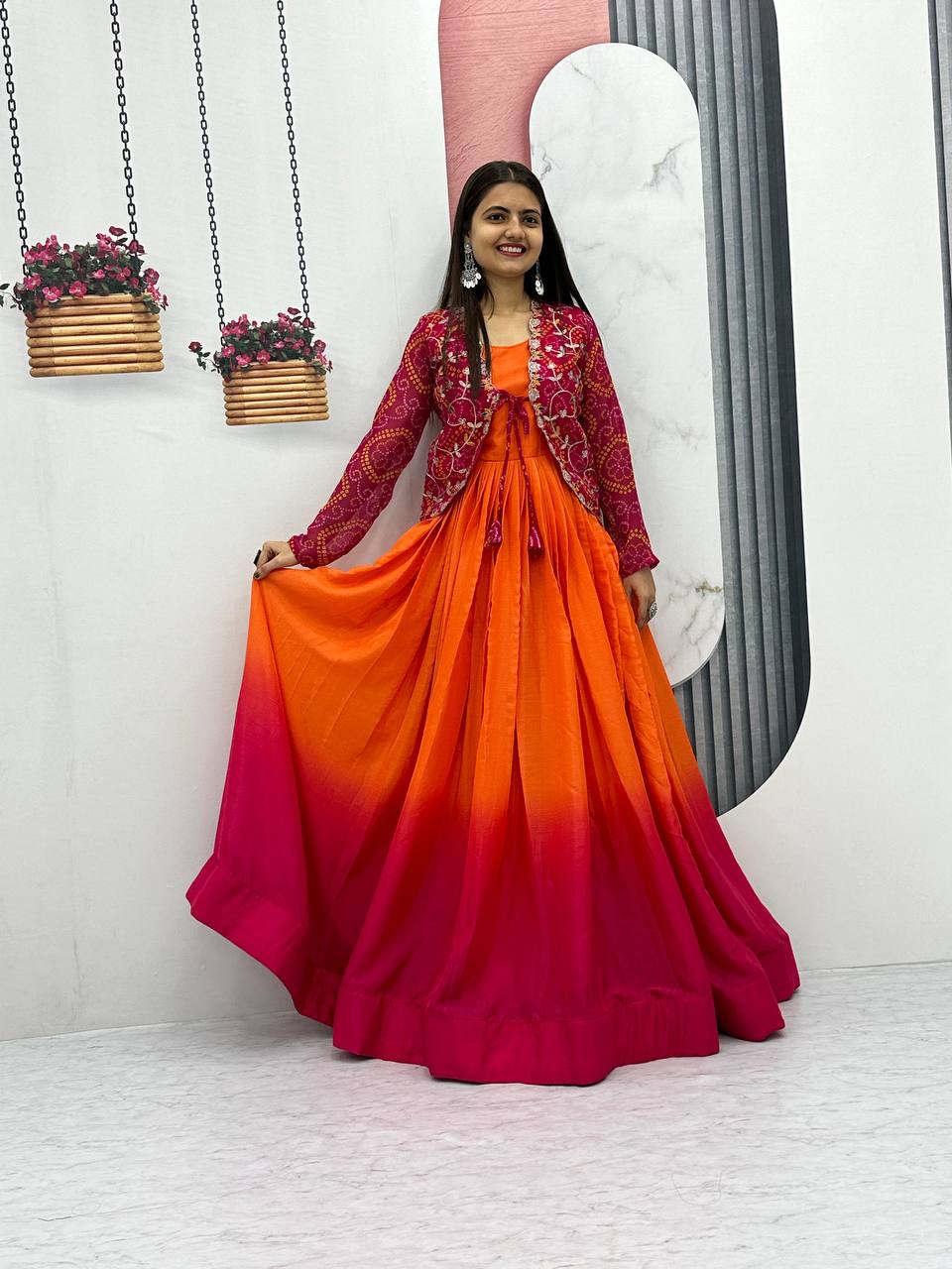 Orange color chinon long gown with koti price