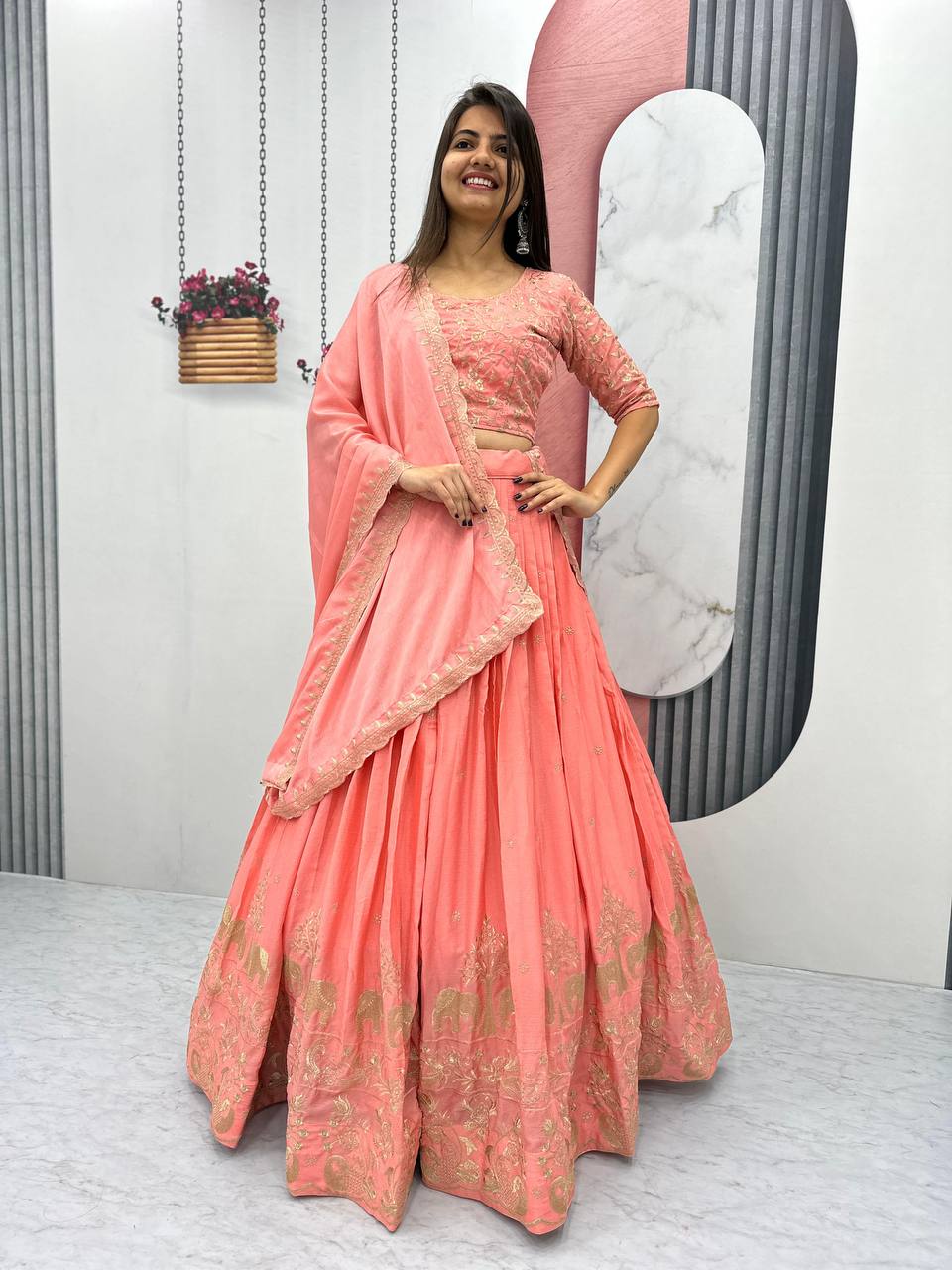Peach color chinon lehenga choli for women