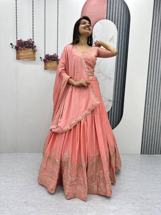 Peach color chinon lehenga choli for party