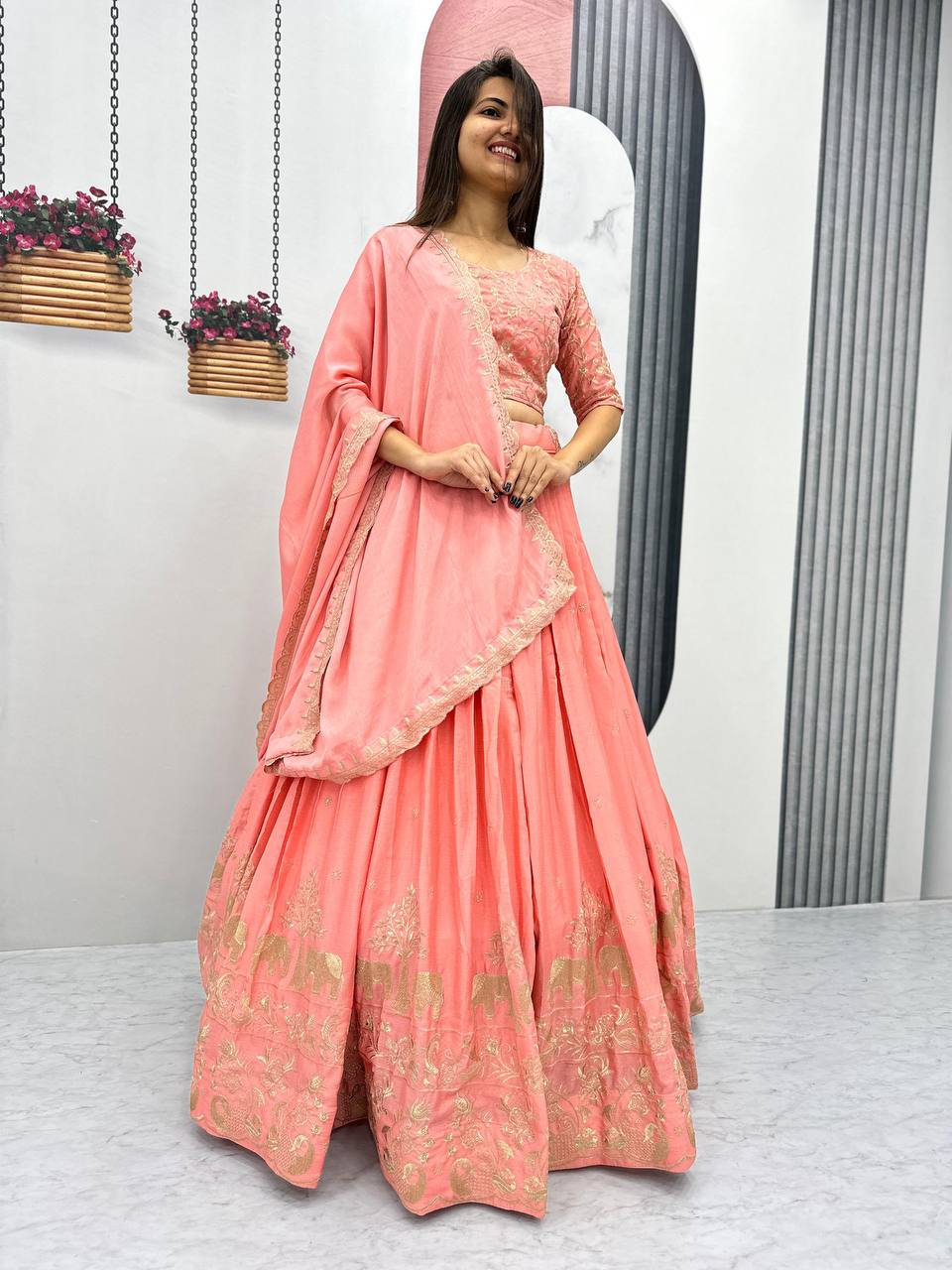 Peach color chinon lehenga choli for wedding