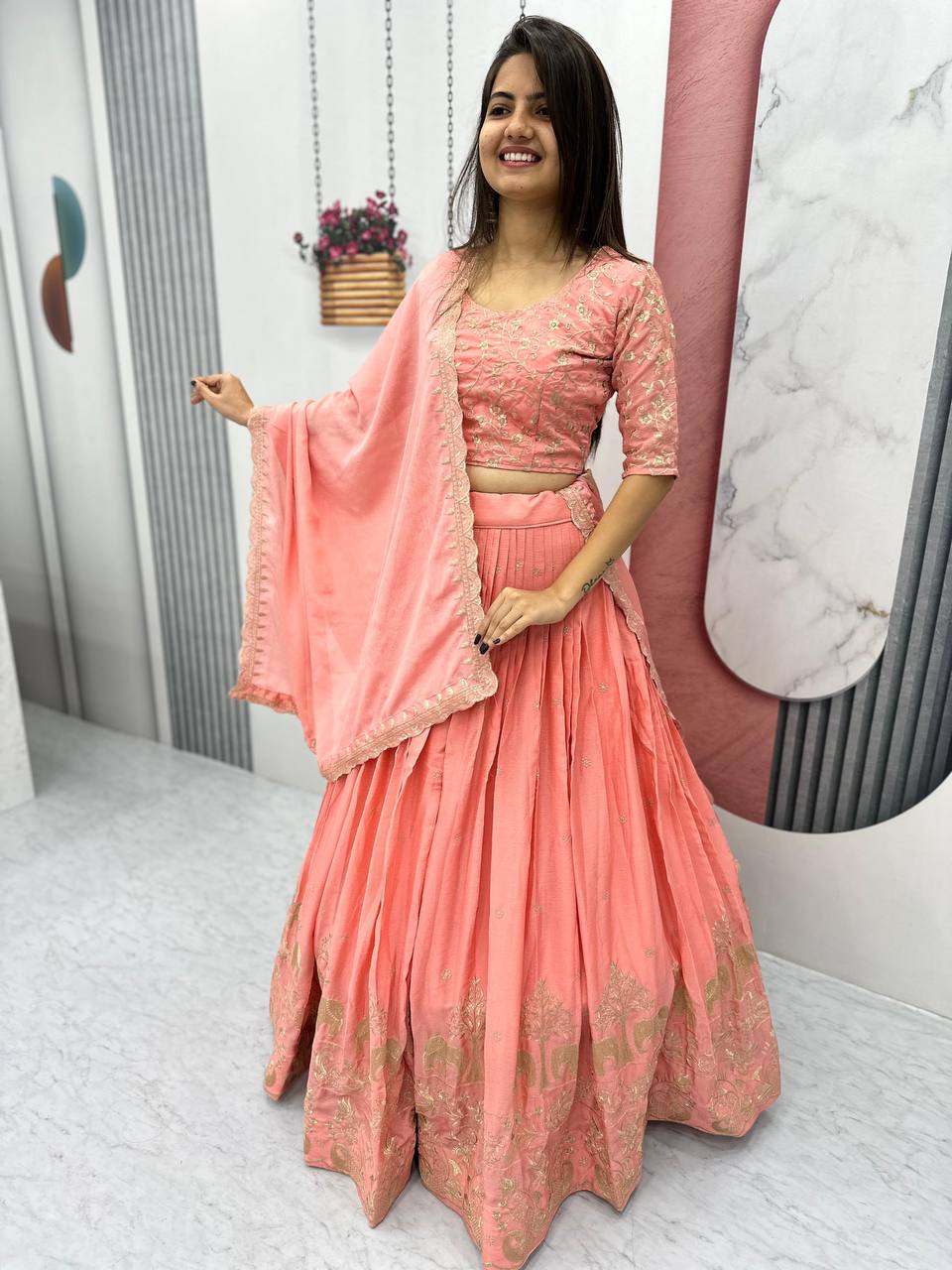 Peach color chinon lehenga choli images