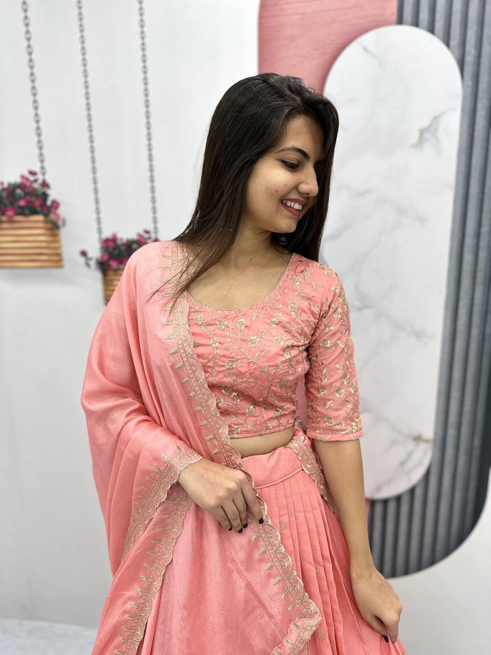 Peach color chinon lehenga choli price